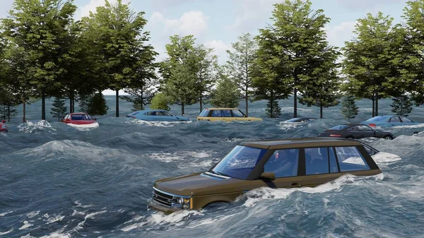 Carretera inundada durante una inundación causada por fuertes lluvias 3d renderizado Fotos de stock