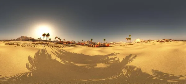 Arabo piccola città sul deserto in 360 panorama rendering 3d — Foto Stock