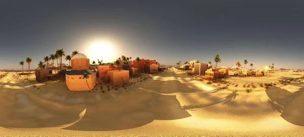 Arabic small town on desert in 360 panorama 3d rendering — Stock Photo, Image