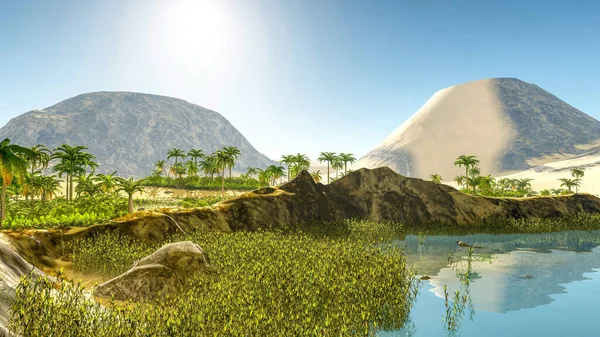 Bellissimo sfondo naturale oasi africana rendering 3d — Foto Stock