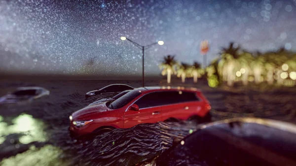 Zalewana droga podczas powodzi spowodowanej intensywnym deszczem 3d renderowania — Zdjęcie stockowe