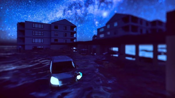 Затопленная дорога во время наводнения, вызванного ливнем 3D рендеринга — стоковое фото