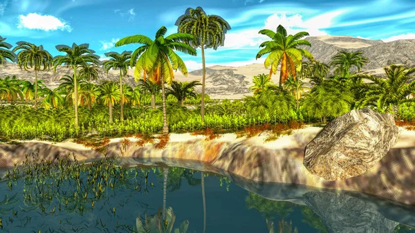 Gyönyörű természeti háttér -Afrikai oázis 3d renderelés Stock Kép