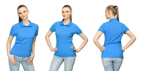 セットのプロモーションをもたらす印刷空白のブルーのポロシャツのモックアップ デザインで女の子とコンセプト t シャツ フロントとバック側の若い女性をテンプレート表示クリッピング パスとホワイト バック グラウンド分離 — ストック写真