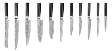 Set, Japon çelik mutfak bıçak Şam, kırpma yolu ile beyaz arka plan üzerinde izole. Şef bıçak