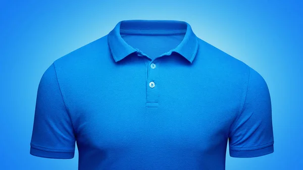 Template blue Polo shirt concept closeup front view. Polo T-shirt mockup with empty space on collar for your brand — Stock Photo, Image