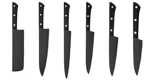 Ensemble de couteaux noirs de cuisine en acier, isolés sur fond blanc avec chemin de coupe. Couteau de chef — Photo