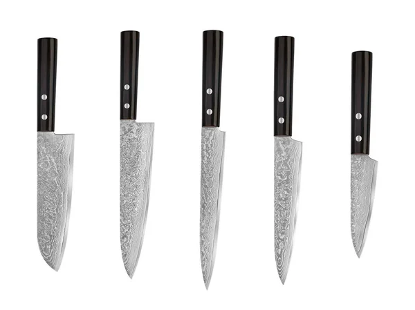 一連の日本鋼キッチン ナイフ ダマスカス、クリッピング パスと白い背景で隔離。シェフのナイフ — ストック写真