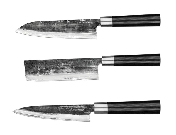 Σύνολο των ιαπωνική χάλυβα κουζίνα Δαμασκός μαχαίρια, απομονώνονται σε λευκό φόντο με διαδρομή αποκοπής. Μαχαίρι σεφ — Φωτογραφία Αρχείου