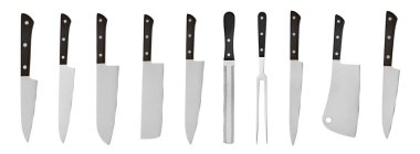 Kırpma yolu ile beyaz arka plan üzerinde izole çelik mutfak bıçak seti. Şef bıçak