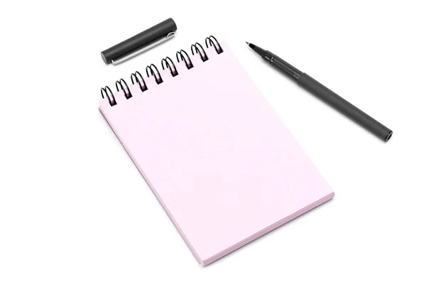 Beyaz arka plan boş şablon sarmal pembe notebook Not defteri, kalem, izole — Stok fotoğraf
