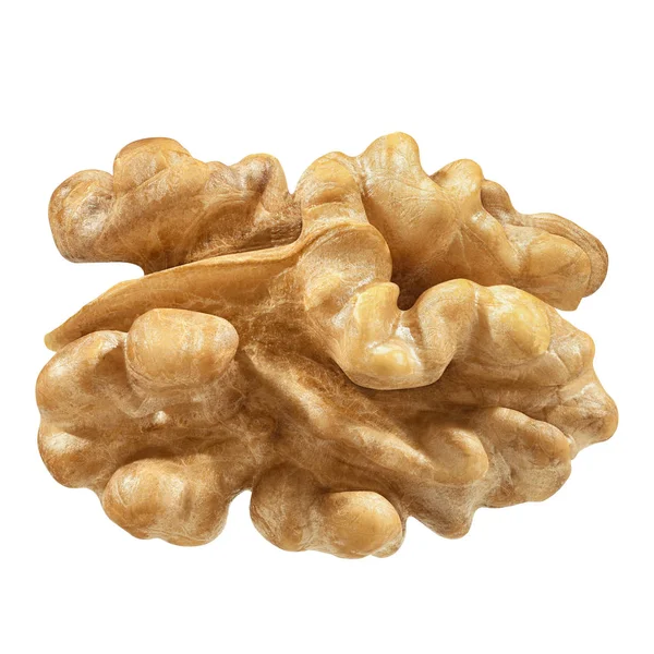 One Walnut isolated closeup without shell as package design element collection with clipping path on white background. Nut macro — Stock Photo, Image