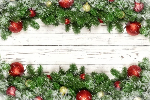 Christmas Winter Decoration Fir Branches Holly Snowfall Wooden White Board — Stock Photo, Image