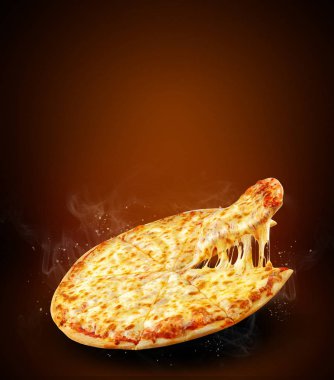 Kavram dikey promosyon afiş ve nefis tadı margarita pizza ve dilim margherita ile restoran pizzacı menu için poster, mozzarella peyniri ve kopya alanı promo metniniz için