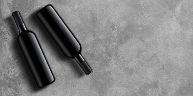 Şablon kavram bir şarap şişesi, tasarım ve reklamcılık Şirket tanıtımı için senin kopya alanı gri beton zemin üzerine ürünün. Şarap şişesi mockup. Üstten görünüm