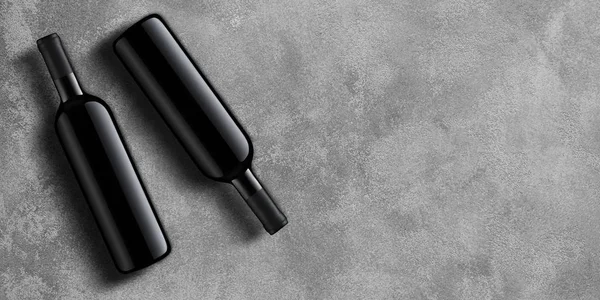 Şablon kavram bir şarap şişesi, tasarım ve reklamcılık Şirket tanıtımı için senin kopya alanı gri beton zemin üzerine ürünün. Şarap şişesi mockup. Üstten görünüm