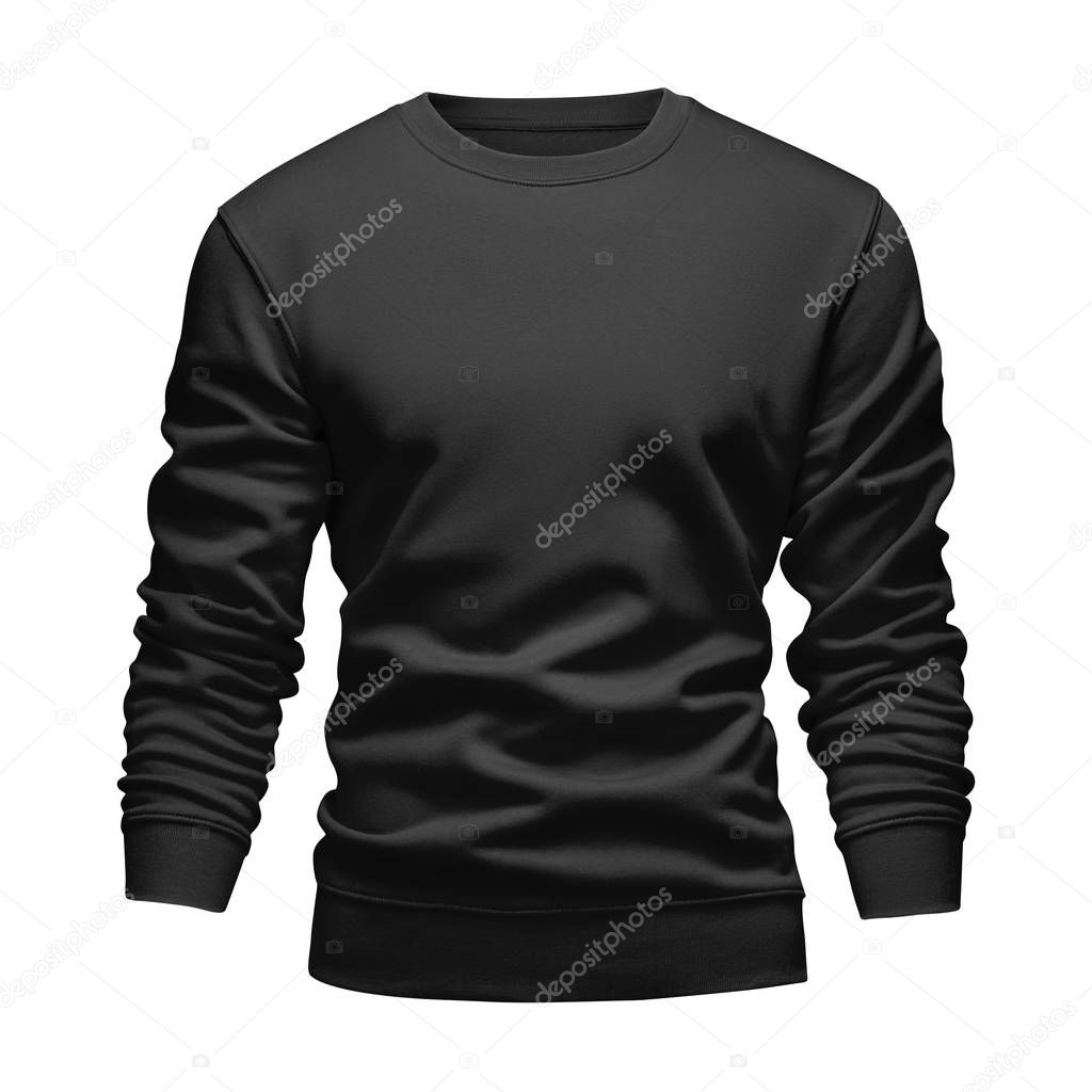 Men's blank mockup black sweatshirt wavy concept with long sleeves isolated white background. Front view empty template pullover with clipping path. Blank design warm winter clothes sweater for print