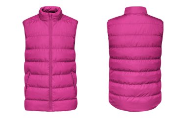 Blank template pink waistcoat down jacket sleeveless with zipped, front and back view isolated on white background. Mockup winter sport vest for your design clipart