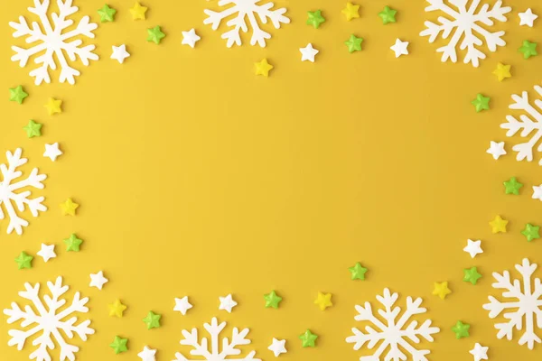 Christmas mönster med klubbor godis runda kopia utrymme. Godis med snöflinga, platt låg på gul pastell bakgrund. Söta sucker, godis, isolerade minimal ovan dekoration, Söt mat bakgrund — Stockfoto