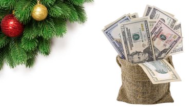Yığın nakit bize dolar para çantada izole Noel arka plan üzerinde