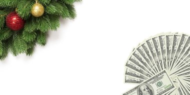 Fan para dolar kar taneleri ve Noel köknar ile şubeleri