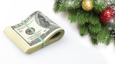 Para dolar kar taneleri ve Noel ile yığın çam dalları ile kar tanesi