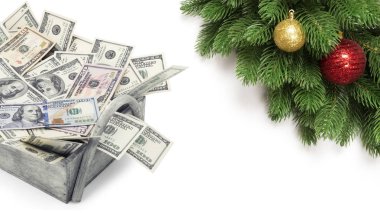 Bizi Noel izole arka plan üzerinde dolar para kazık 