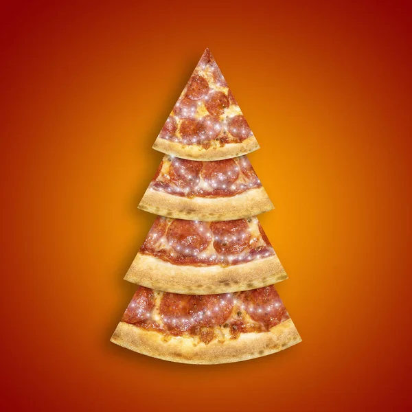 Christmas promotion flyer with pepperoni pizza slice in shape of Christmas tree on orange background. Creative concept new year poster pizza