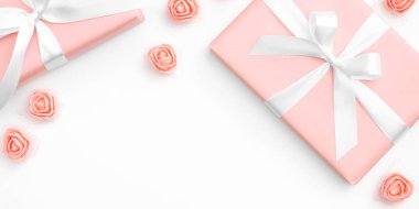 8 Mart Kadınlar günü tebrik kartı dekore edilmiş mercan veya pembe gül çiçek ve beyaz arka plan üzerinde izole mercan hediye kutusu ile alan kopyalayın. Anneler günü kavramı. Üstten görünüm. Düz yatıyordu