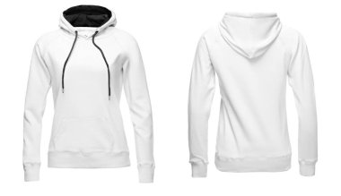 Kırpma yolu, kadınlar ile başlık için tasarım mockup baskı, hoody ile beyaz kadın Kapüşonlu sweatshirt uzun kollu beyaz arka plan üzerinde izole. Şablon spor giyim