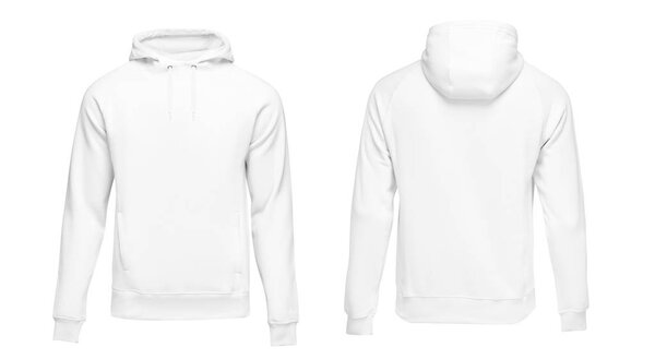 White male hoodie sweatshirt long sleeve with clipping path, mens hoody with hood for your design mockup for print, isolated on white background. Template sport clothes