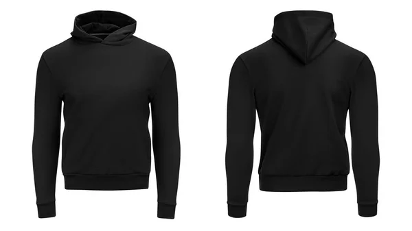 Kırpma yolu, mens ile başlık için tasarım mockup baskı, hoody ile boş siyah erkek Kapüşonlu sweatshirt uzun kollu beyaz arka plan üzerinde izole. Şablon spor kış giysileri — Stok fotoğraf