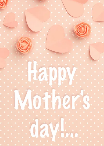 Happy Mothers Day greeting card decorated paper hearts and flowers coral floral rose flat lay on living coral color background. Top view — Stock Photo, Image