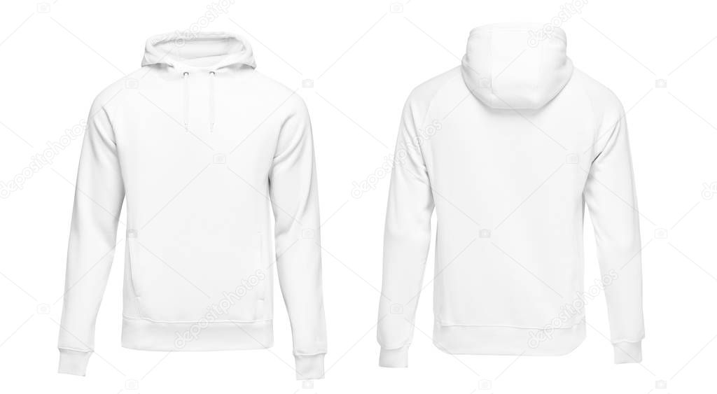White male hoodie sweatshirt long sleeve with clipping path, mens hoody with hood for your design mockup for print, isolated on white background. Template sport clothes