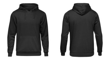 Kırpma yolu, mens ile başlık için tasarım mockup baskı, hoody ile boş siyah erkek Kapüşonlu sweatshirt uzun kollu beyaz arka plan üzerinde izole. Şablon spor kış giysileri