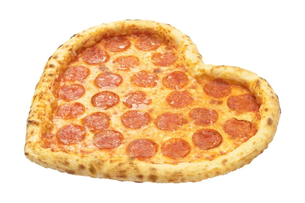 Tvar srdce Pepperoni Pizza sýr mozzarella, salám, šablon pro design a menu restaurace, izolované bílým pozadím. Valentine den pizzu koncept — Stock fotografie