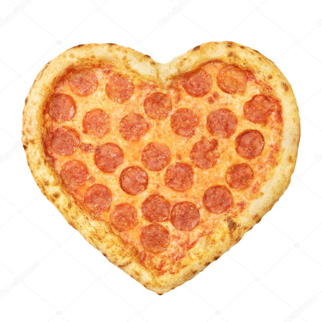 Pizza Pepperoni Heart shaped top view with mozzarella cheese, salami, template for your design and menu of restaurant, isolated white background. Valentine day pizza concept