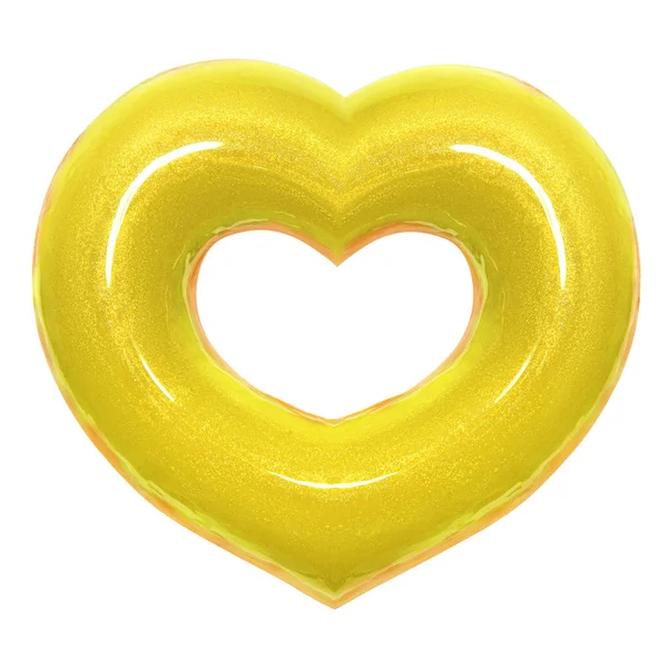 Donut forma de coração amarelo com esmalte vermelho vista frontal isolado no fundo branco com caminho de recorte. Dia dos Namorados Donut. Conceito amor é vidrado donut doce comida . — Fotografia de Stock