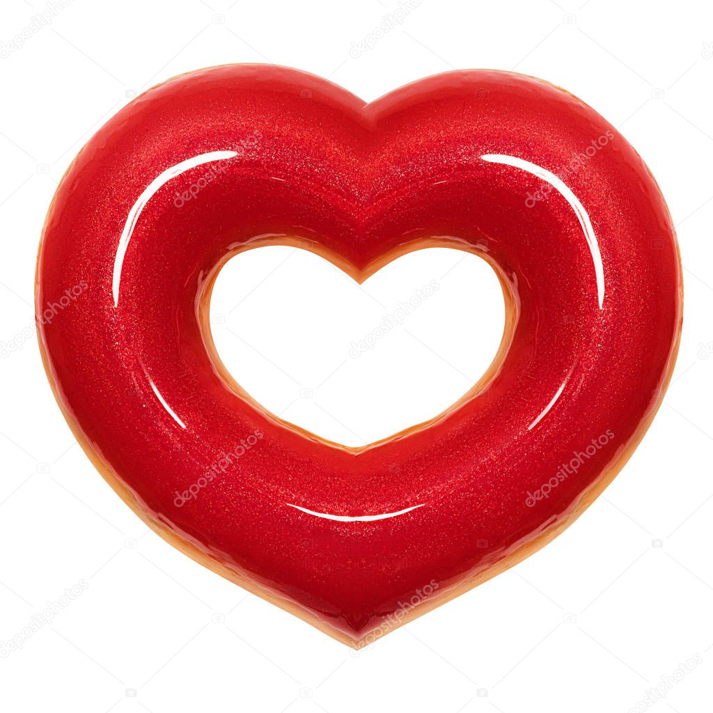 Donut red heart shape with red glaze front view isolated white background with clipping path. Donut Valentines day. Concept love is glazed doughnut sweet food