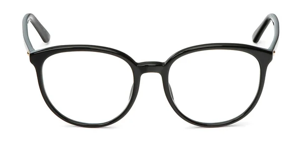 Óculos pretos em armação redonda transparente para leitura ou boa visão do olho, vista frontal isolada no fundo branco. Mochila de óculos — Fotografia de Stock