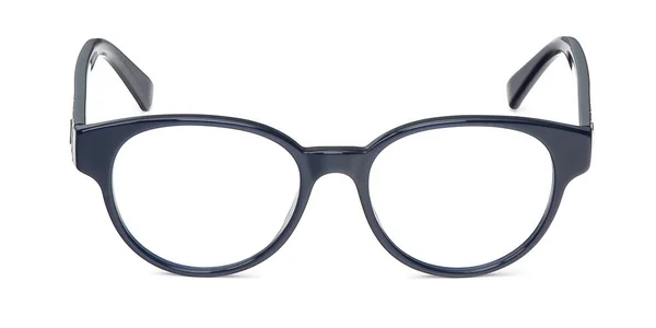 Μπλε γυαλιά σε στρογγυλό πλαίσιο διαφανή για ανάγνωση ή την καλή όραση, κορυφαία προβολή απομονωθεί σε λευκό φόντο. Γυαλιά κοροϊδεύω — Φωτογραφία Αρχείου