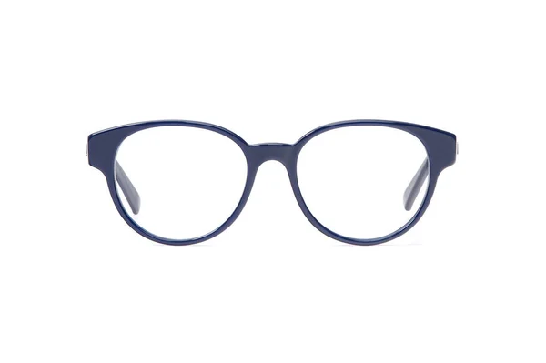 Niebieskie okulary w okrągły rama przezroczyste do czytania lub dobrego widzenia, top Zobacz na białym tle na białym tle. — Zdjęcie stockowe