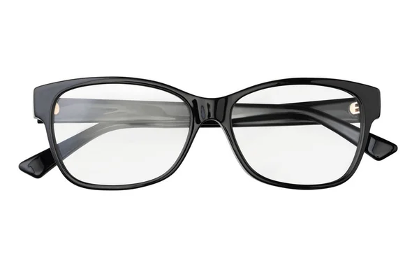 Czarne okulary w prostokątnej ramce przejrzyste dla czytania lub dobry wzrok, widok z góry na białym tle — Zdjęcie stockowe