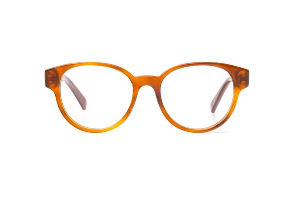 Óculos amarelos em armação redonda transparente para leitura ou boa visão, vista frontal isolada em fundo branco — Fotografia de Stock