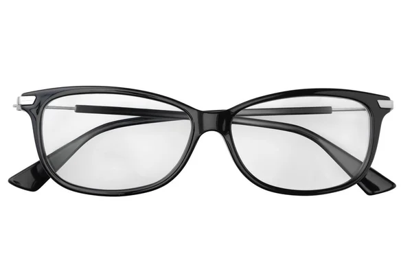 Occhiali neri in cornice rettangolare trasparente per lettura o buona visione, vista dall'alto isolata su fondo bianco — Foto Stock