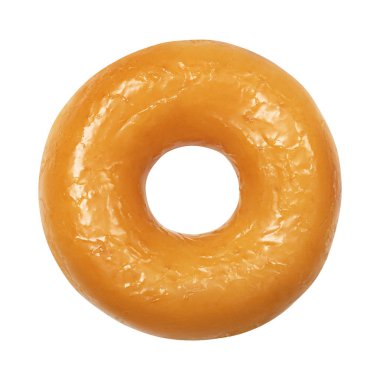 Beyaz arka planda izole cam ile donut. Bir yuvarlak parlak sarı sır donut. Ön görünüm. Üst görünüm