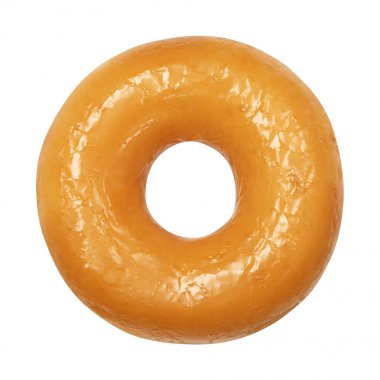 Beyaz arka planda izole cam ile donut. Bir yuvarlak parlak sarı sır donut. Ön görünüm. Üst görünüm