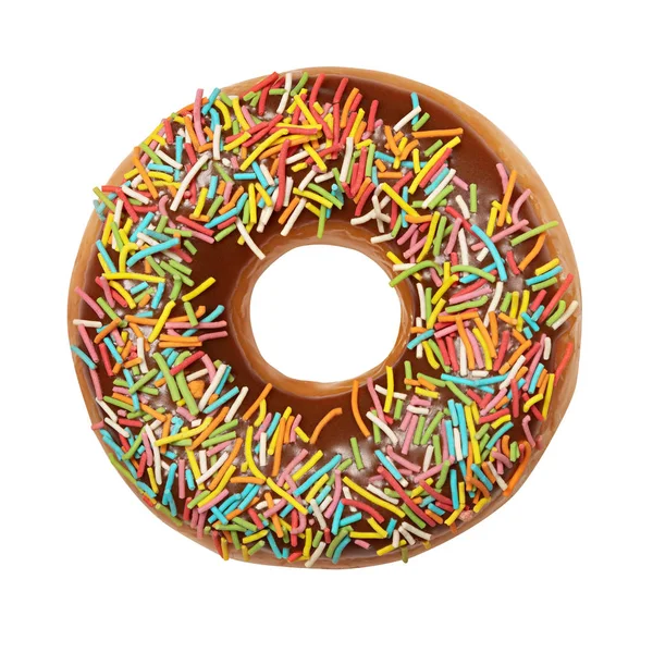 Beyaz arka planda izole buzlu cam ve renkli Sprinkles üst görünümü ile lezzetli çikolata donut tatlı. Tasarım ve baskı için bir kahverengi donut kek ile tatlı gıda kavramı. Ön görünüm — Stok fotoğraf