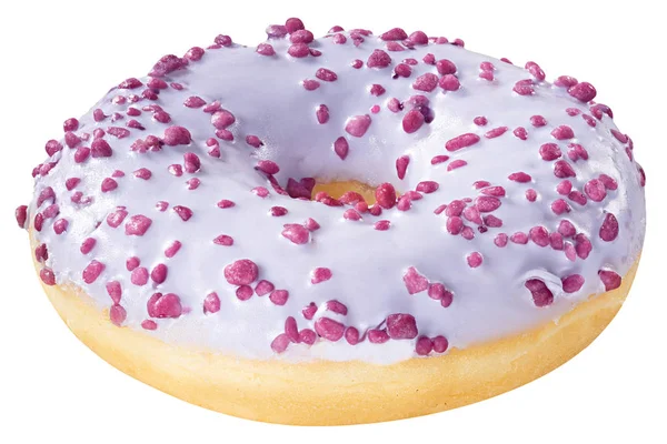 Donut avec glaçure pourpre givré isolé sur fond blanc. Un beignet rond glacé violet — Photo