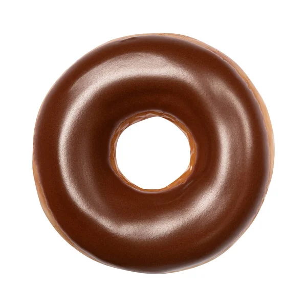 Pączek z czekoladą glazury na białym tle. Jeden okrągły amerykański pierścieniowy czekoladowy. Widok z przodu. Widok z góry — Zdjęcie stockowe